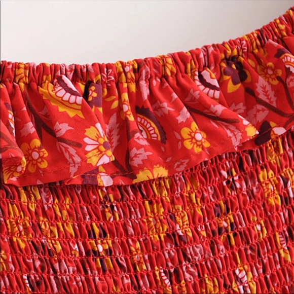 Off the Shoulder Boho Floral Gypsy Print Dress red - Picture 7 of 10